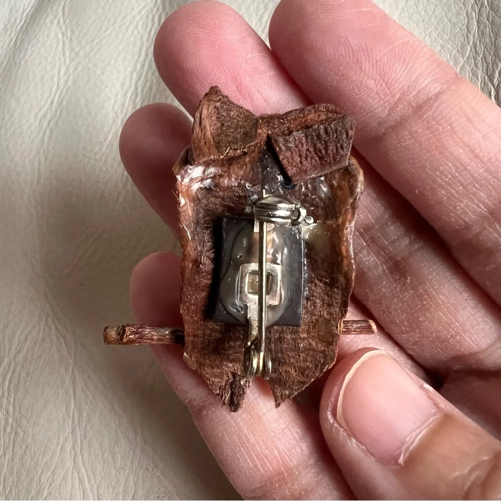 Handcrafted Wood and Shell Owl Pin with Googley Eyes